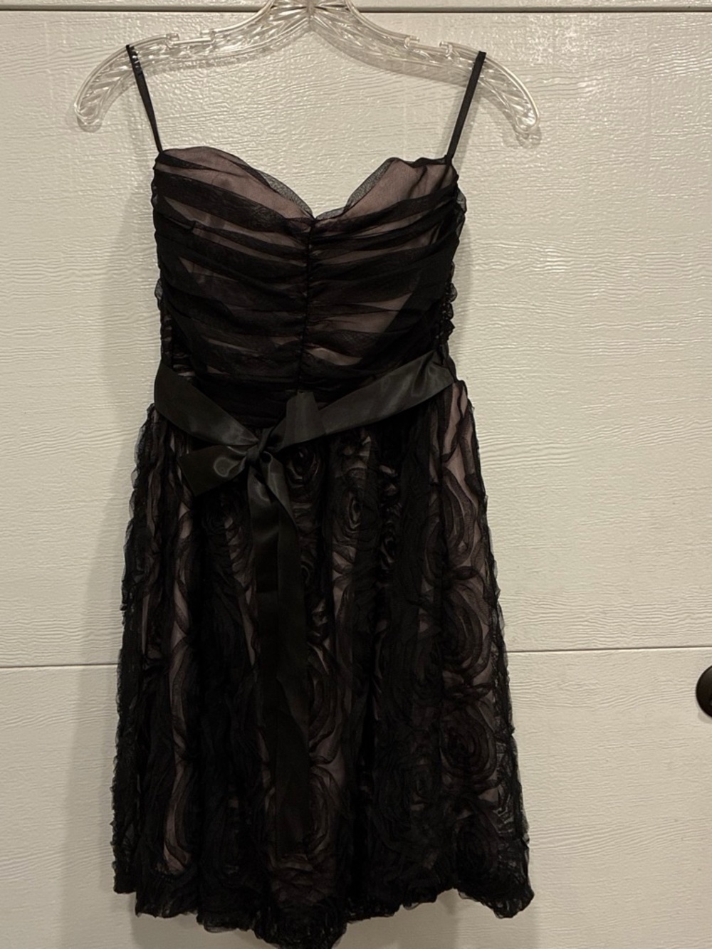 Black Strapless lace floral Dress with Ribbon Waist